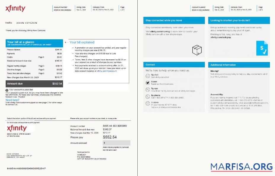 Realistic USA Xfinity utility bill template in Word and PDF formats, 4 pages, version 2, 1 2 pages
